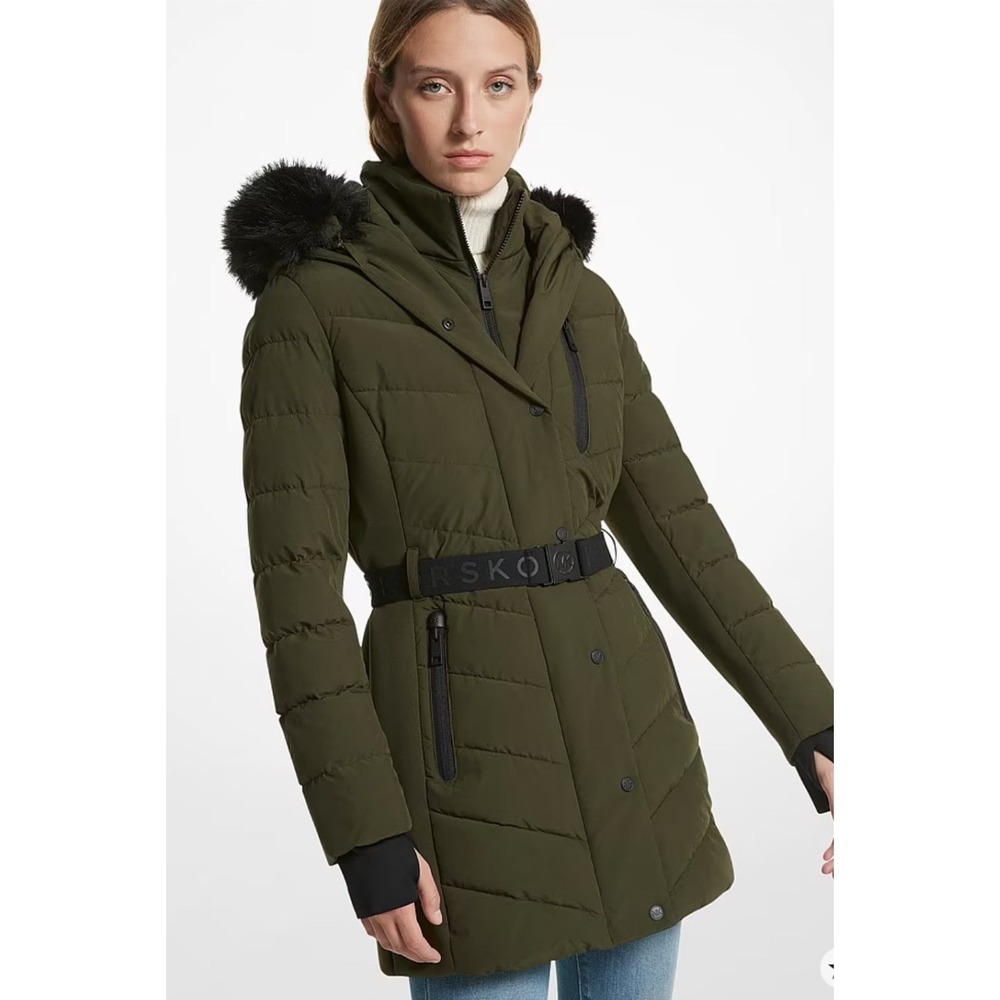 Michael Kors Puffer Parka Women Large Olive Green Belted Faux Fur Hood